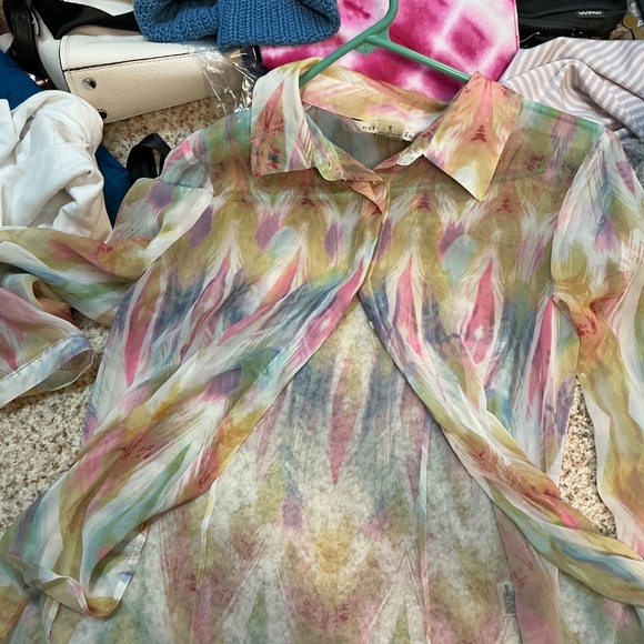 Peter Nygard 6 sheer multicolor peacock feather button collar 3/4 Sleeve Blouse - Picture 3 of 3